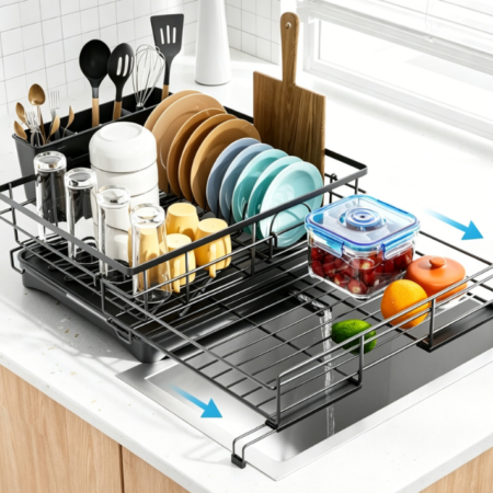 High-Capacity Expandable Dish Rack – Rustproof Stainless Steel Dish Organizer (Black)