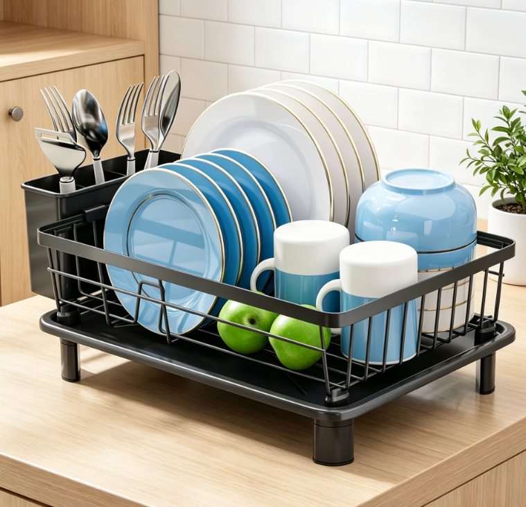 Stainless Steel Dish Drainer (with Removable Utensil Holder and Drip Tray, Black)